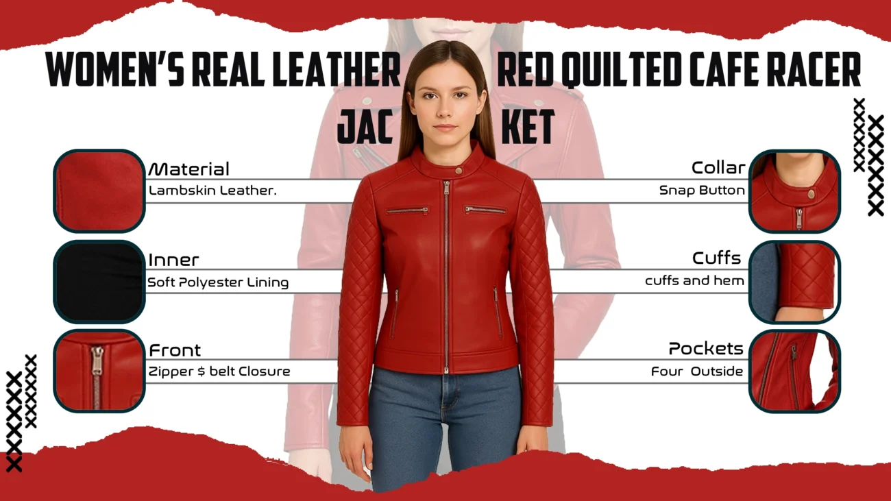 Women's Real Leather Red Quilted Cafe Racer Jacket