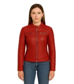 Women’s Real Leather Red Quilted Cafe Racer Jacket