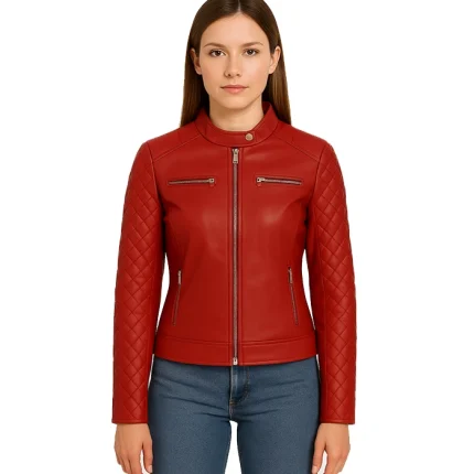 Women’s Real Leather Red Quilted Cafe Racer Jacket