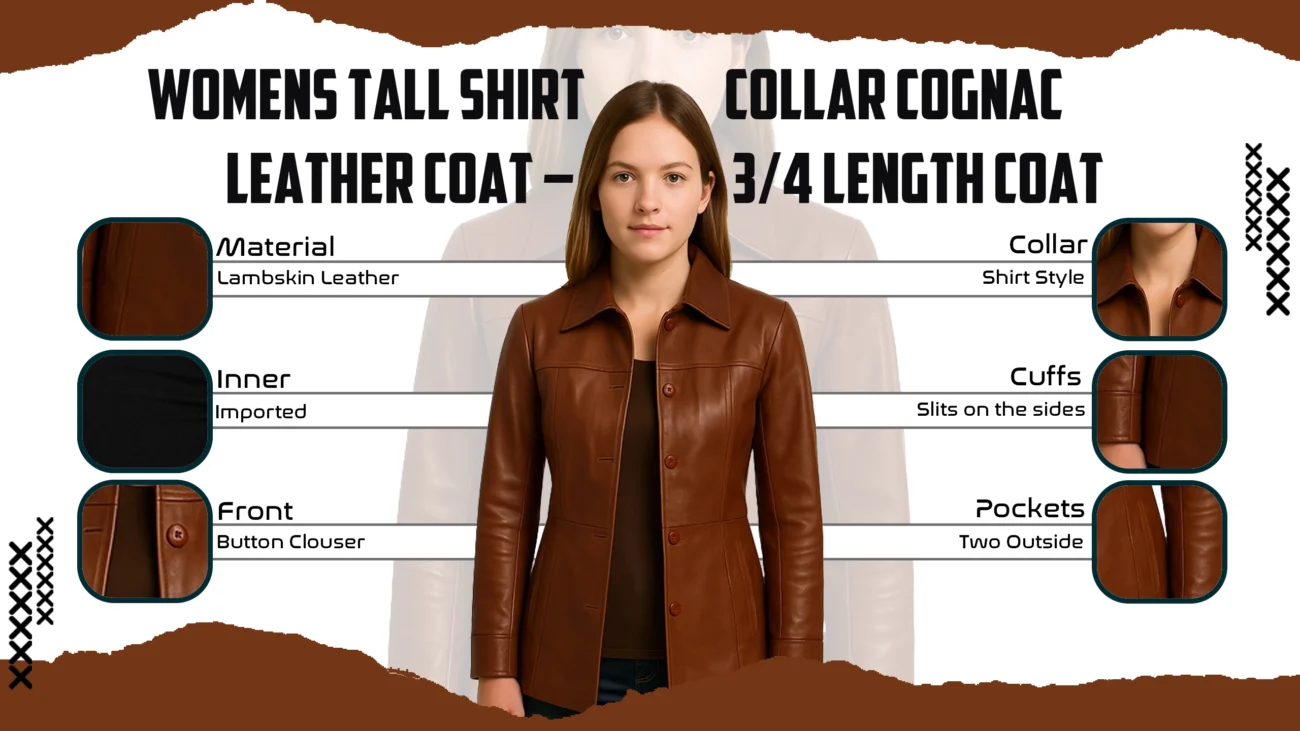Womens Tall Shirt Collar Cognac Leather Coat