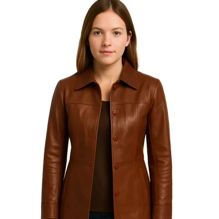 Womens Tall Shirt Collar Cognac Leather Coat