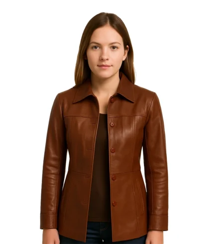 Womens Tall Shirt Collar Cognac Leather Coat
