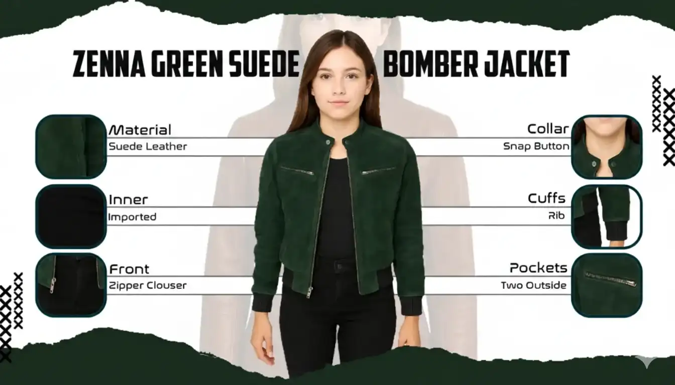 A detailed infographic for the Zenna Green Suede Bomber Jacket for women, showcasing material specs, snap-button collar, rib-knit cuffs, and zipper closure details.