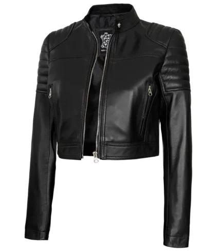 black-cropped-moto-leather-jacket Front