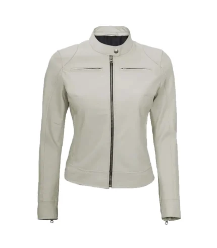 Women’s Off White Cafe Racer Leather Jacket