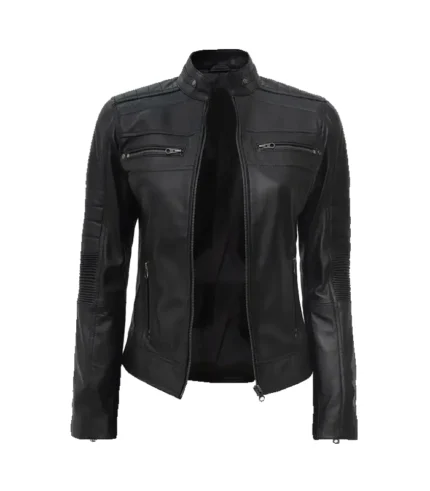 Women’s Black Cafe Racer Leather Jacket Front