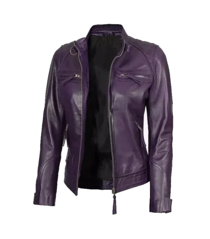 Women’s Purple Cafe Racer Leather Jacket – Quilted Shoulder