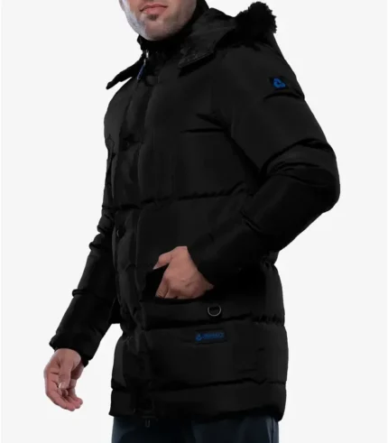 mens-Black-Parka-Faux-Fur-Hooded-Jacket Front