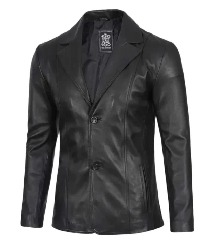 Men's Two Button Black Leather Blazer Front
