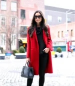 Women's Scarlet Red Long Wool Coat Front