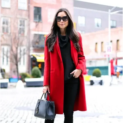Women's Scarlet Red Long Wool Coat Front