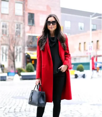 Women's Scarlet Red Long Wool Coat Front