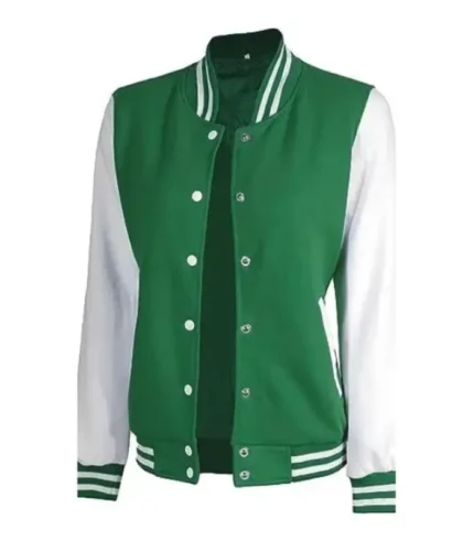 womens_green_and_white_letterman_jacket front
