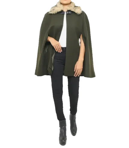 Women’s Olive Green Wool Cape Coat with Fur Collar