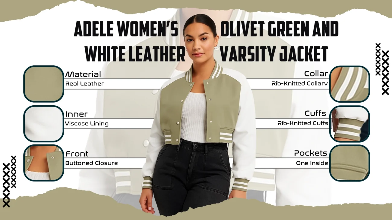 Adele Women’s Olive Green and White Leather Varsity Jacket