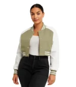Women’s Adele varsity jacket featuring an olive green leather body, contrasting white leather sleeves, and striped ribbed-knit collar and cuffs.