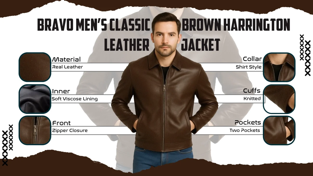Bravo Men’s Classic Brown Harrington Leather Jacket