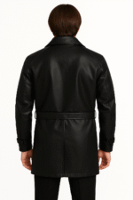 Mens Double-Breasted Black Lambskin Leather Coat – Knee Length Back
