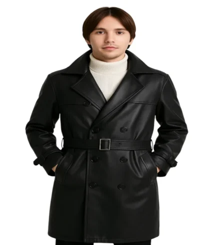 Mens Double-Breasted Black Lambskin Leather Coat – Knee Length Front