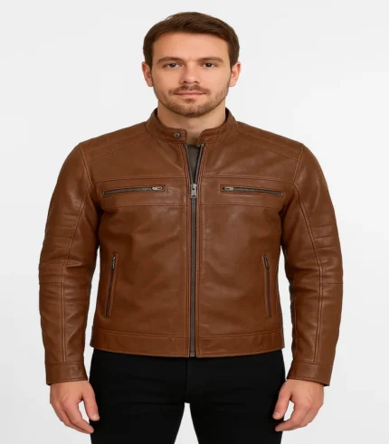 Men's Cognac Brown Cafe Racer Leather Jacket Front