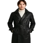 Double-Breasted Black Lambskin Leather Coat