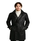Double-Breasted Black Lambskin Leather Coat