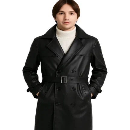 Double-Breasted Black Lambskin Leather Coat