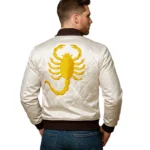 White Scorpion Satin Quilted Bomber Jacket For Men