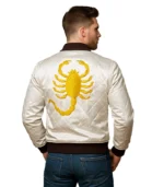 White Scorpion Satin Quilted Bomber Jacket For Men