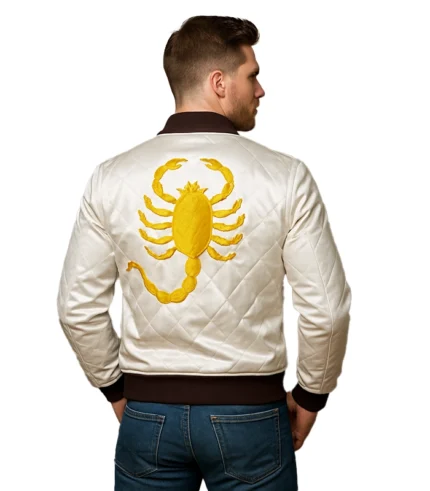 White Scorpion Satin Quilted Bomber Jacket For Men