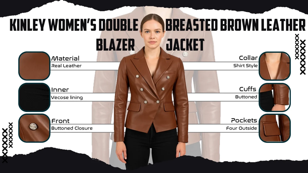 Kinley Women's Double Breasted Brown Leather Blazer Jacket
