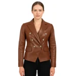 Kinley Women's Double Breasted Brown Leather Blazer Jacket