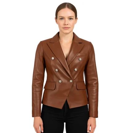 Kinley Women's Double Breasted Brown Leather Blazer Jacket