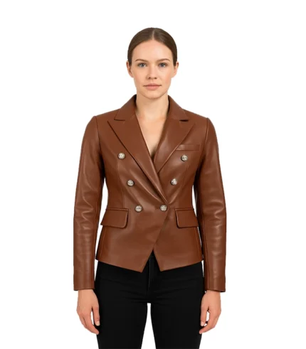 Kinley Women's Double Breasted Brown Leather Blazer Jacket