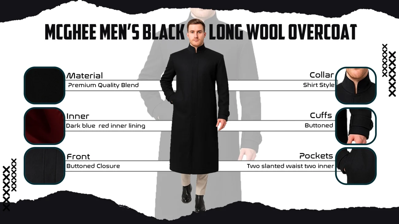McGhee Men's Black Long Wool Overcoat
