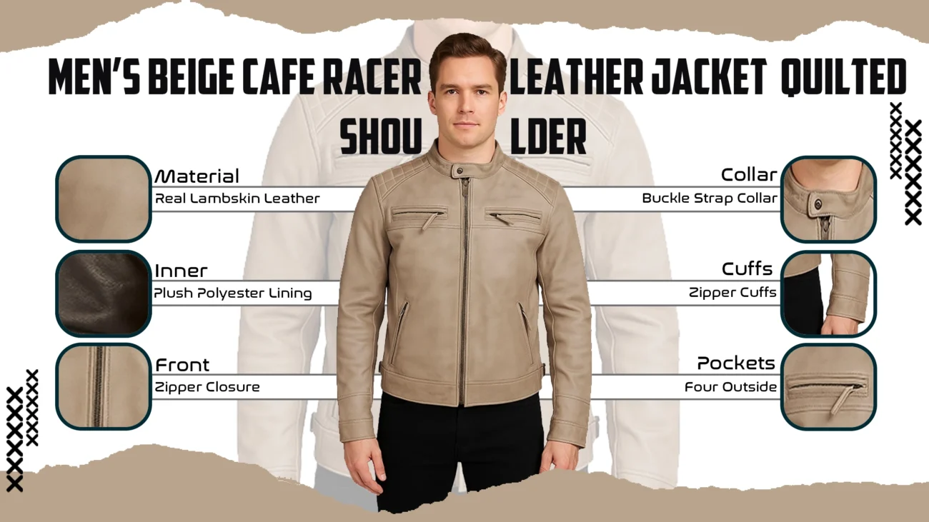 Men’s Beige Cafe Racer Leather Jacket