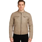 Men's Beige Cafe Racer Leather Jacket - Quilted Shoulder