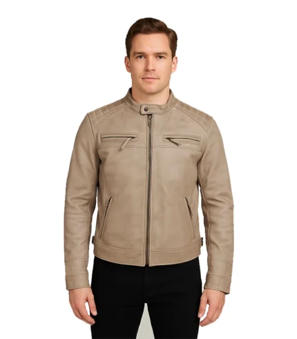 Men's Beige Cafe Racer Leather Jacket - Quilted Shoulder
