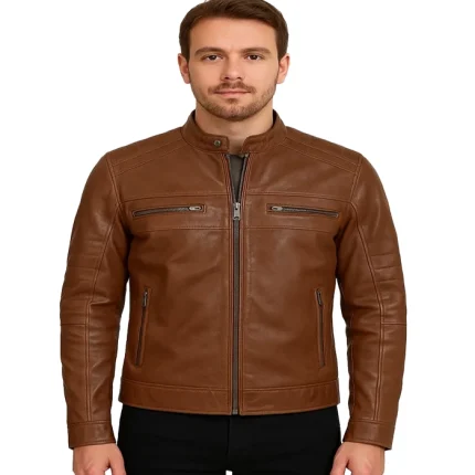 Men’s Cognac Brown Cafe Racer Leather Jacket
