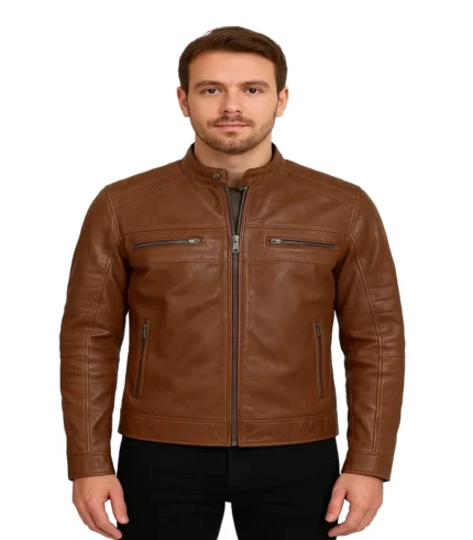Men’s Cognac Brown Cafe Racer Leather Jacket