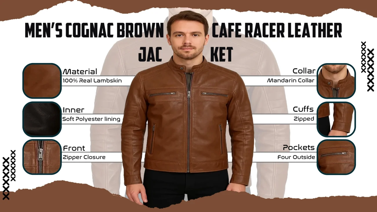 Men's Cognac Brown Cafe Racer Leather Jacket