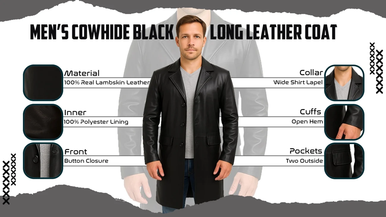Men's Cowhide Black Long Leather Coat