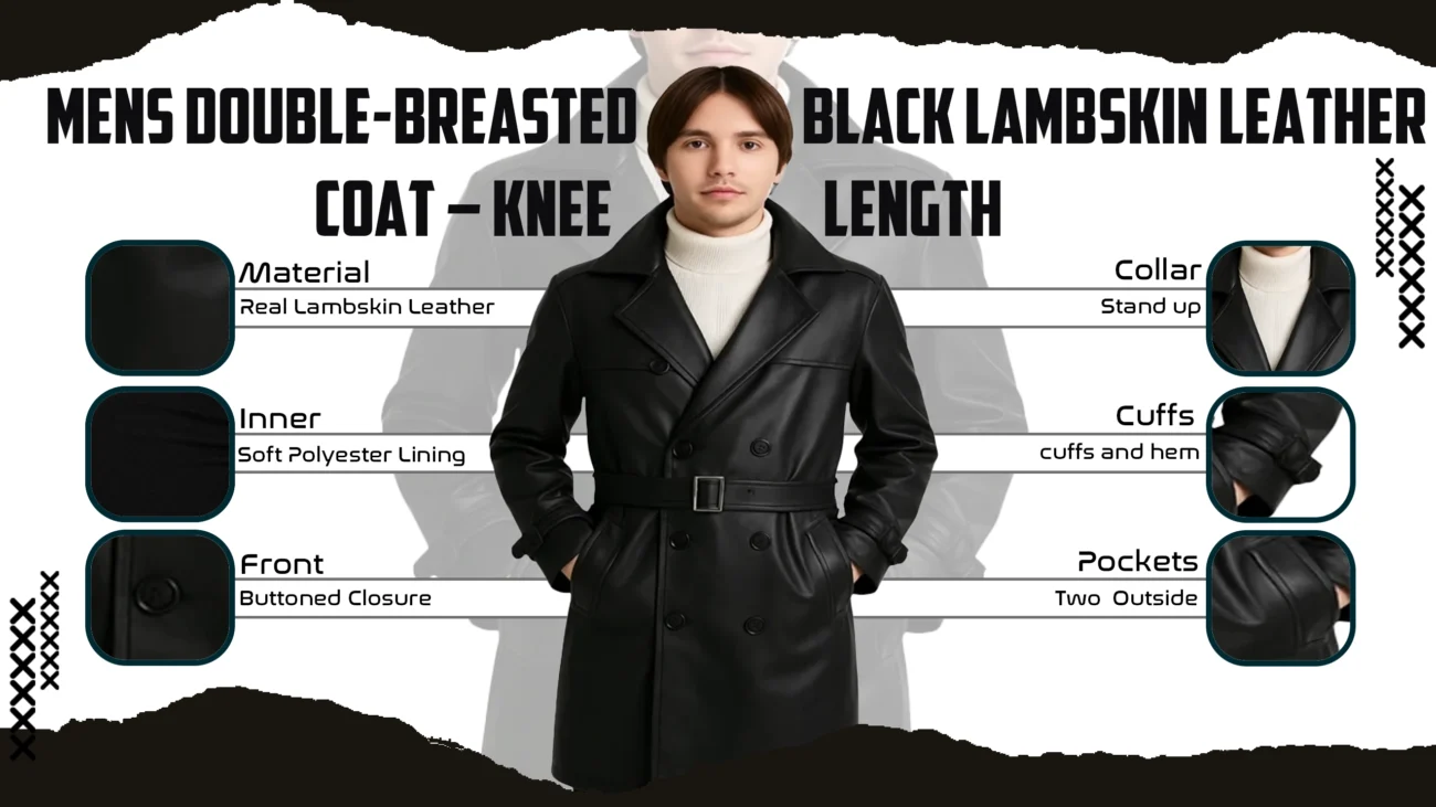 Mens Double-Breasted Black Lambskin Leather Coat