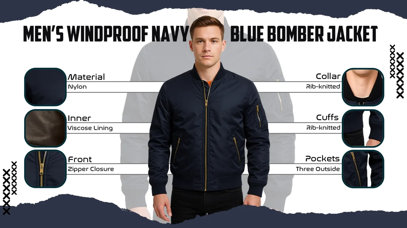 Men’s Windproof Navy Blue Bomber Jacket