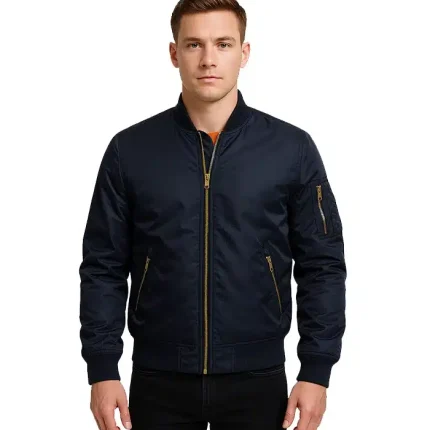 Men’s Windproof Navy Blue Bomber Jacket