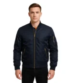 Men’s navy blue windproof bomber jacket featuring a high-neck collar, ribbed-knit trim, and a water-resistant matte finish.