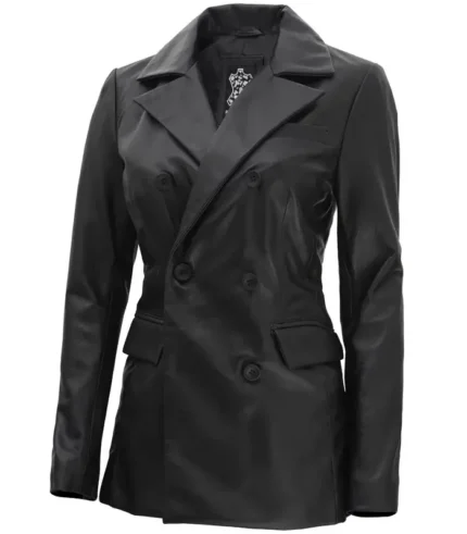 Women Black Double Breasted Leather Blazer