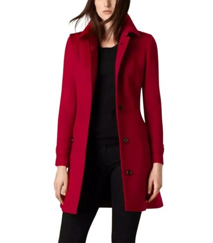Women's Single Breasted Red Wool Coat - 3/4 Length