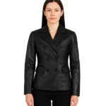 Women Black Double Breasted Leather Blazer