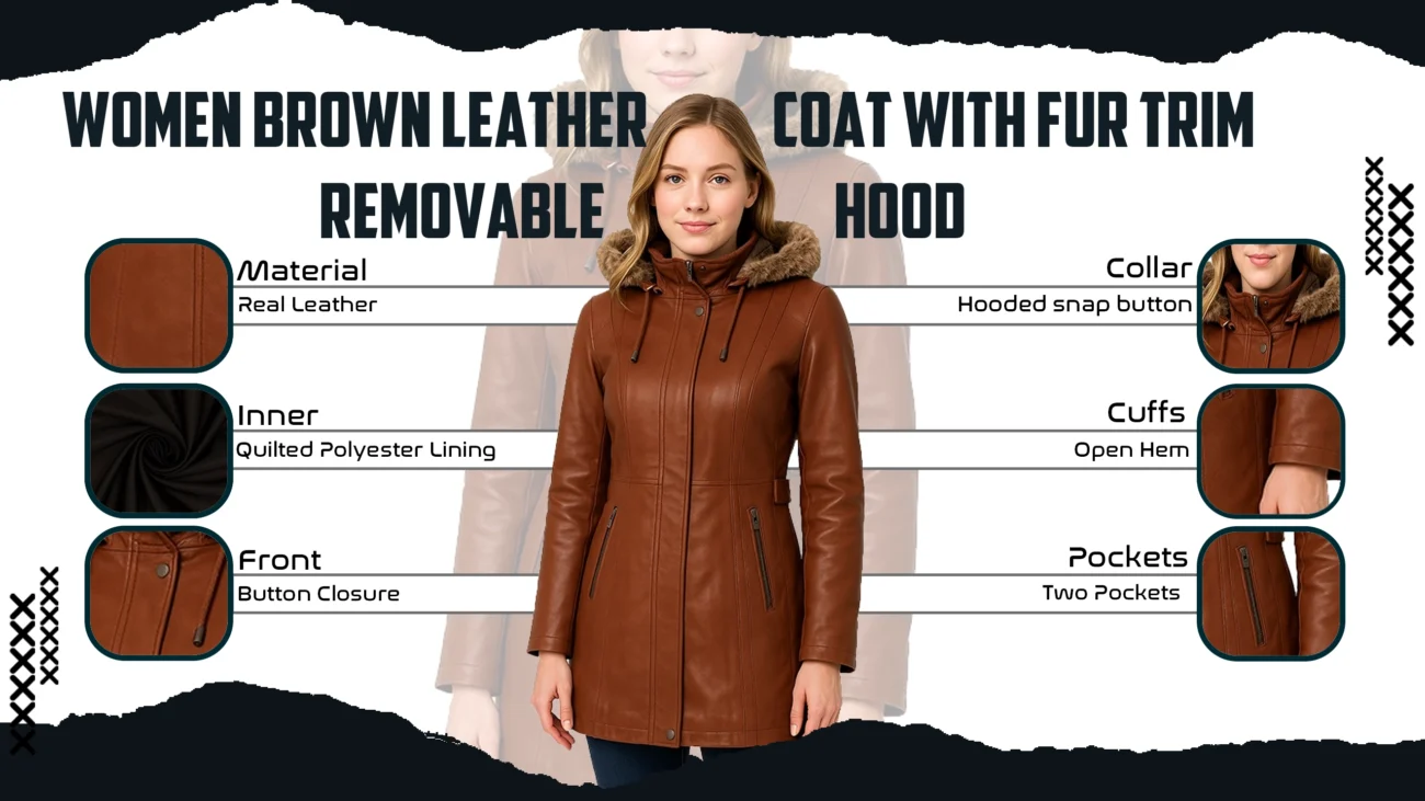 Women Brown Leather Coat With Fur Trim Removable Hood